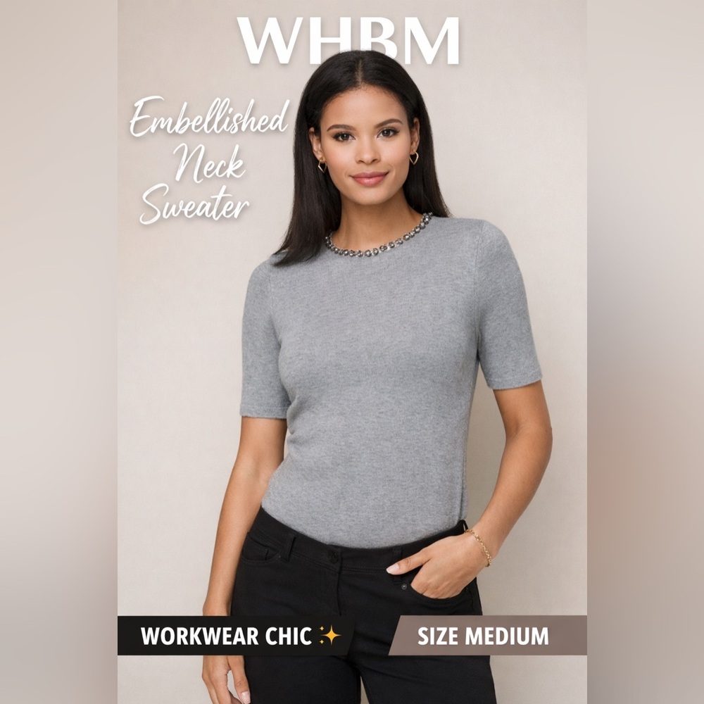 WHBM Embellished Neck Short Sleeve Sweater Gray Medium | Work Office Chic